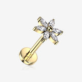 Implant Grade Titanium OneFit Threadless Golden Marquise Flower Sparkle Top Flat Back Stud Labret-Clear Gem