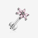 Implant Grade Titanium OneFit Threadless Marquise Flower Sparkle Top Flat Back Stud Labret-Pink