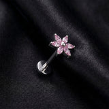 Detail View 1 of Implant Grade Titanium OneFit Threadless Marquise Flower Sparkle Top Flat Back Stud Labret-Pink