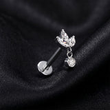 Detail View 1 of Implant Grade Titanium OneFit Threadless Triple Marquise Leaf Sparkle Dangle Top Flat Back Stud Labret-Clear Gem