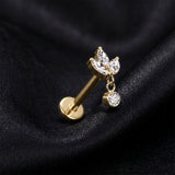 Detail View 1 of Implant Grade Titanium OneFit Threadless Golden Triple Marquise Leaf Sparkle Dangle Top Flat Back Stud Labret-Clear Gem