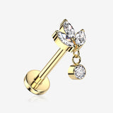 Implant Grade Titanium OneFit Threadless Golden Triple Marquise Leaf Sparkle Dangle Top Flat Back Stud Labret-Clear Gem