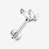 Implant Grade Titanium OneFit Threadless Triple Marquise Leaf Sparkle Top Flat Back Stud Labret-Aurora Borealis