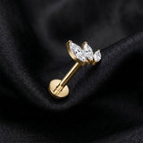 Detail View 1 of Implant Grade Titanium OneFit Threadless Golden Triple Marquise Leaf Sparkle Top Flat Back Stud Labret-Clear Gem