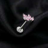 Detail View 1 of Implant Grade Titanium OneFit Threadless Triple Marquise Leaf Sparkle Top Flat Back Stud Labret-Pink
