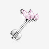 Implant Grade Titanium OneFit Threadless Triple Marquise Leaf Sparkle Top Flat Back Stud Labret-Pink