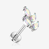 Implant Grade Titanium OneFit Threadless Marquise Vine Leaf Sparkle Top Flat Back Stud Labret-Aurora Borealis