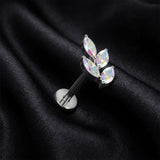 Detail View 1 of Implant Grade Titanium OneFit Threadless Marquise Vine Leaf Sparkle Top Flat Back Stud Labret-Aurora Borealis