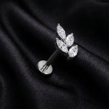Detail View 1 of Implant Grade Titanium OneFit Threadless Marquise Vine Leaf Sparkle Top Flat Back Stud Labret-Clear Gem