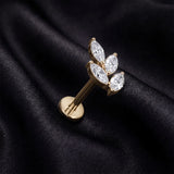 Detail View 1 of Implant Grade Titanium OneFit Threadless Golden Marquise Vine Leaf Sparkle Top Flat Back Stud Labret-Clear Gem