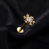 Detail View 1 of Implant Grade Titanium OneFit Threadless Golden Snowflake Sparkle Top Flat Back Stud Labret-Clear Gem