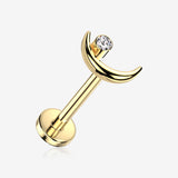 Implant Grade Titanium OneFit Threadless Golden Crescent Moon Gem Shine Top Flat Back Stud Labret-Clear Gem