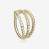 Golden Brilliant Sparkle Gem Lined Triple Hoop Steel Seamless Clicker Hoop Ring-Clear Gem