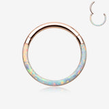 Rose Gold Brilliant Fire Opal Lined Front Facing Seamless Clicker Hoop Ring-White Opal