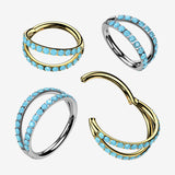 Detail View 1 of Implant Grade Titanium Golden Turquoise Double Lined Clicker Hoop Ring