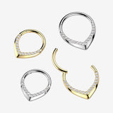 Detail View 1 of Implant Grade Titanium Chevron Lined Sparkle Clicker Hoop Ring-Clear Gem