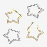 Detail View 1 of Implant Grade Titanium Golden Sparkle Hollow Star Clicker Hoop Ring-Clear Gem