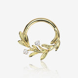 Implant Grade Titanium Golden Olive Leaf Sparkle Vine Clicker Hoop Ring-Clear Gem