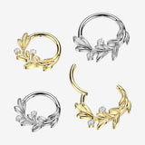 Detail View 1 of Implant Grade Titanium Olive Leaf Sparkle Vine Clicker Hoop Ring-Clear Gem