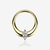Implant Grade Titanium Golden Marquise Sparkle Hollow Crescent Clicker Hoop Ring-Clear Gem