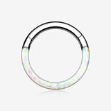 Implant Grade Titanium Brilliant Fire Opal Lined Front Facing Seamless Clicker Hoop Ring-White Opal