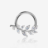 Implant Grade Titanium Classic Sparkle Vine Leaf Clicker Hoop Ring-Clear Gem