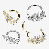 Detail View 1 of Implant Grade Titanium Golden Classic Sparkle Vine Leaf Clicker Hoop Ring-Clear Gem