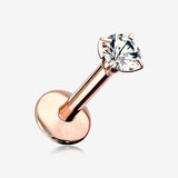 Implant Grade Titanium Rose Gold Internally Threaded Gem Sparkle Prong Set Labret-Clear Gem