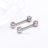 Detail View 1 of A Pair of Implant Grade Titanium Bezel Set Sparkle Internally Threaded Nipple Barbell-Clear Gem