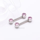 Detail View 1 of A Pair of Implant Grade Titanium Bezel Set Sparkle Internally Threaded Nipple Barbell-Pink