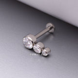 Detail View 1 of Implant Grade Titanium Triple Cascading Sparkle Top Internally Threaded Flat Back Stud Labret-Clear Gem