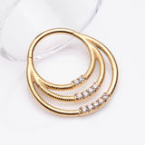 Detail View 2 of Golden Brilliant Sparkle Gem Lined Triple Loop Accent Seamless Clicker Hoop Ring-Clear Gem