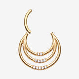 Detail View 1 of Golden Brilliant Sparkle Gem Lined Triple Loop Accent Seamless Clicker Hoop Ring-Clear Gem