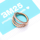 Detail View 4 of Rose Gold Brilliant Sparkle Gem Lined Triple Hoop Steel Seamless Clicker Hoop Ring-Clear Gem