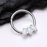Detail View 2 of Triple Marquise Fire Opal Sparkle Seamless Clicker Hoop Ring-White Opal
