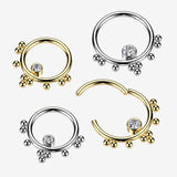 Detail View 1 of Golden Ornate Bali Beads Sparkle Clicker Hoop Ring-Clear Gem