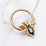 Detail View 2 of Golden Majestic Queen Bee Sparkle Steel Seamless Clicker Hoop Ring-Black