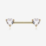 A Pair of Golden Heart Sparkle Prong Nipple Barbell-Clear Gem