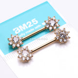 Detail View 2 of A Pair of Golden Glistening Sparkle Flower Multi-Gem Nipple Barbell-Clear Gem