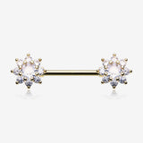 A Pair of Golden Glistening Sparkle Flower Multi-Gem Nipple Barbell-Clear Gem