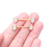 Detail View 2 of A Pair of Golden Sparkle Renaissance Princess Cut Nipple Barbell-Clear Gem