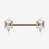 A Pair of Golden Sparkle Renaissance Princess Cut Nipple Barbell-Clear Gem