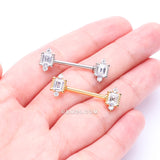 Detail View 3 of A Pair of Golden Sparkle Renaissance Princess Cut Nipple Barbell-Clear Gem