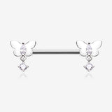 A Pair of Butterfly Sparkle Dangle Sparkle Nipple Barbell-Clear Gem