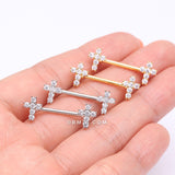 Detail View 3 of A Pair of Golden Brilliant Sparkle Cross Multi-Gem Nipple Barbell-Clear Gem