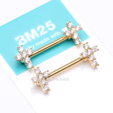 Detail View 4 of A Pair of Golden Brilliant Sparkle Cross Multi-Gem Nipple Barbell-Clear Gem