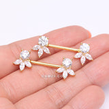 Detail View 2 of A Pair of Golden Floral Elegance Sparkle Multi-Gem Nipple Barbell-Clear Gem
