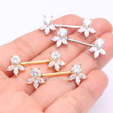 Detail View 3 of A Pair of Golden Floral Elegance Sparkle Multi-Gem Nipple Barbell-Clear Gem