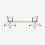 A Pair of Golden Floral Elegance Sparkle Multi-Gem Nipple Barbell-Clear Gem