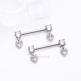 Detail View 1 of A Pair of Brilliant Sparkle Heart Gem Hollow Dangle Nipple Barbell-Clear Gem